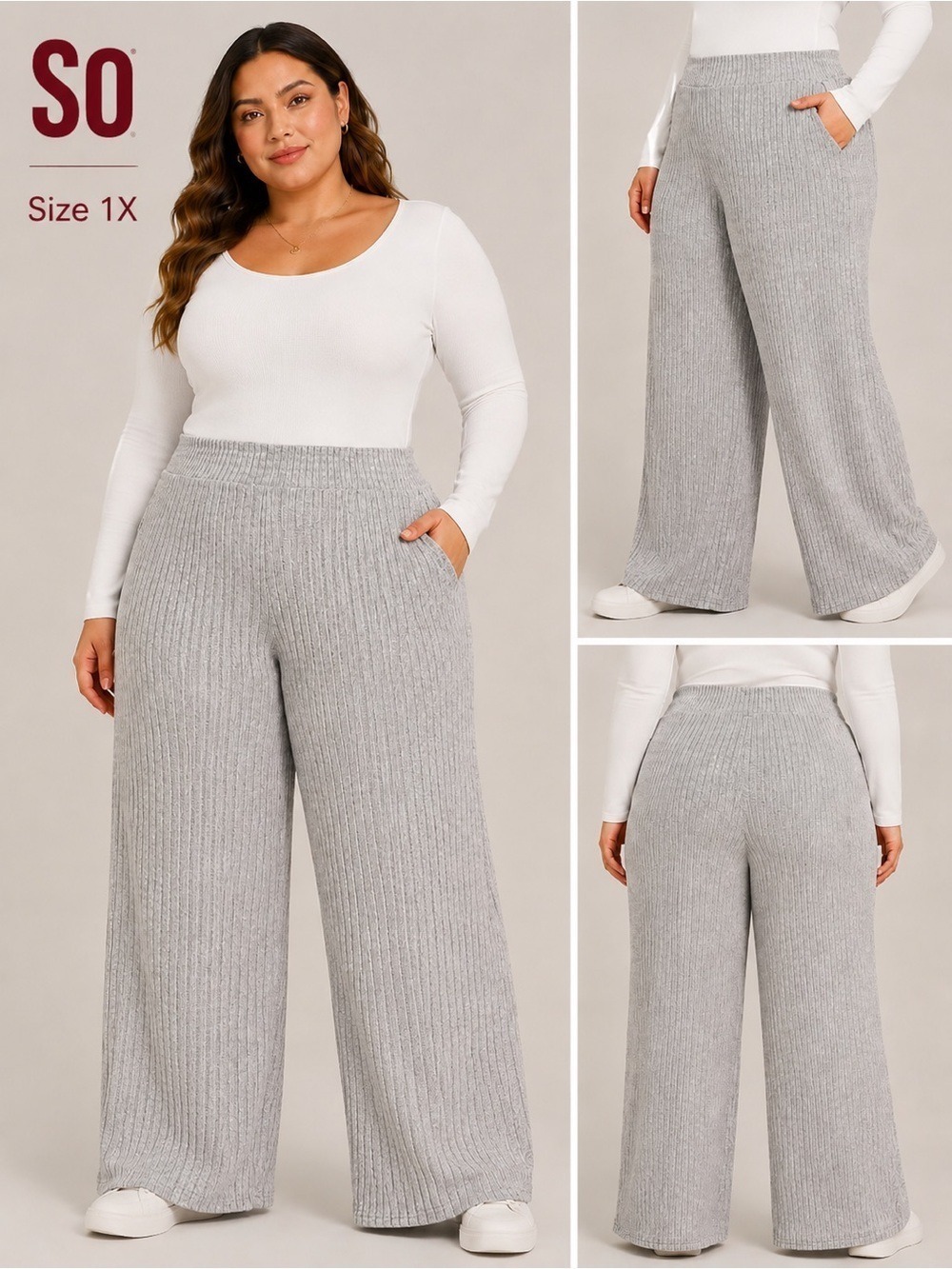 SO Cozy Hacci Ribbed Wide Leg Lounge Pants Size 1X Gray High Rise Soft Stretch